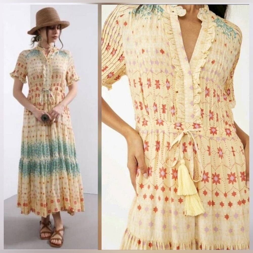 Free People Cream Yellow Floral Maxi Dress with Teal Bands - Picture 6 of 7